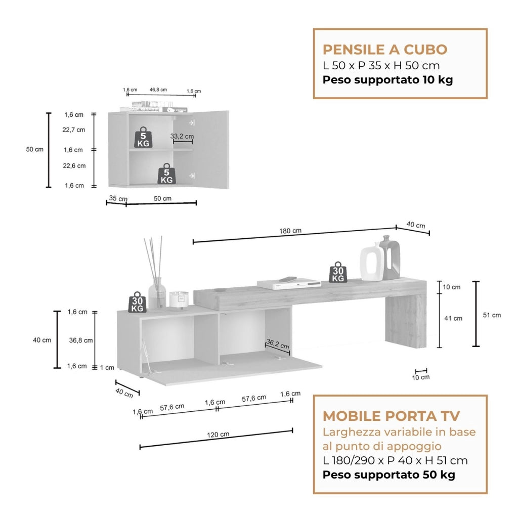 WHOUS Parete attrezzata Chronos set soggiorno bianco lucido e rovere 180/290x40 cm