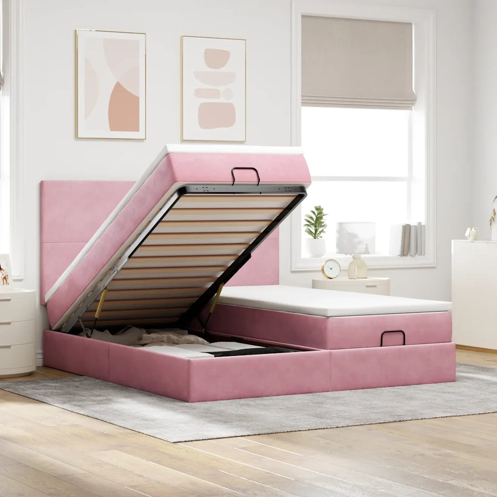Struttura Letto Pouf con Materassi Rosa 160x200 cm Velluto 3313753