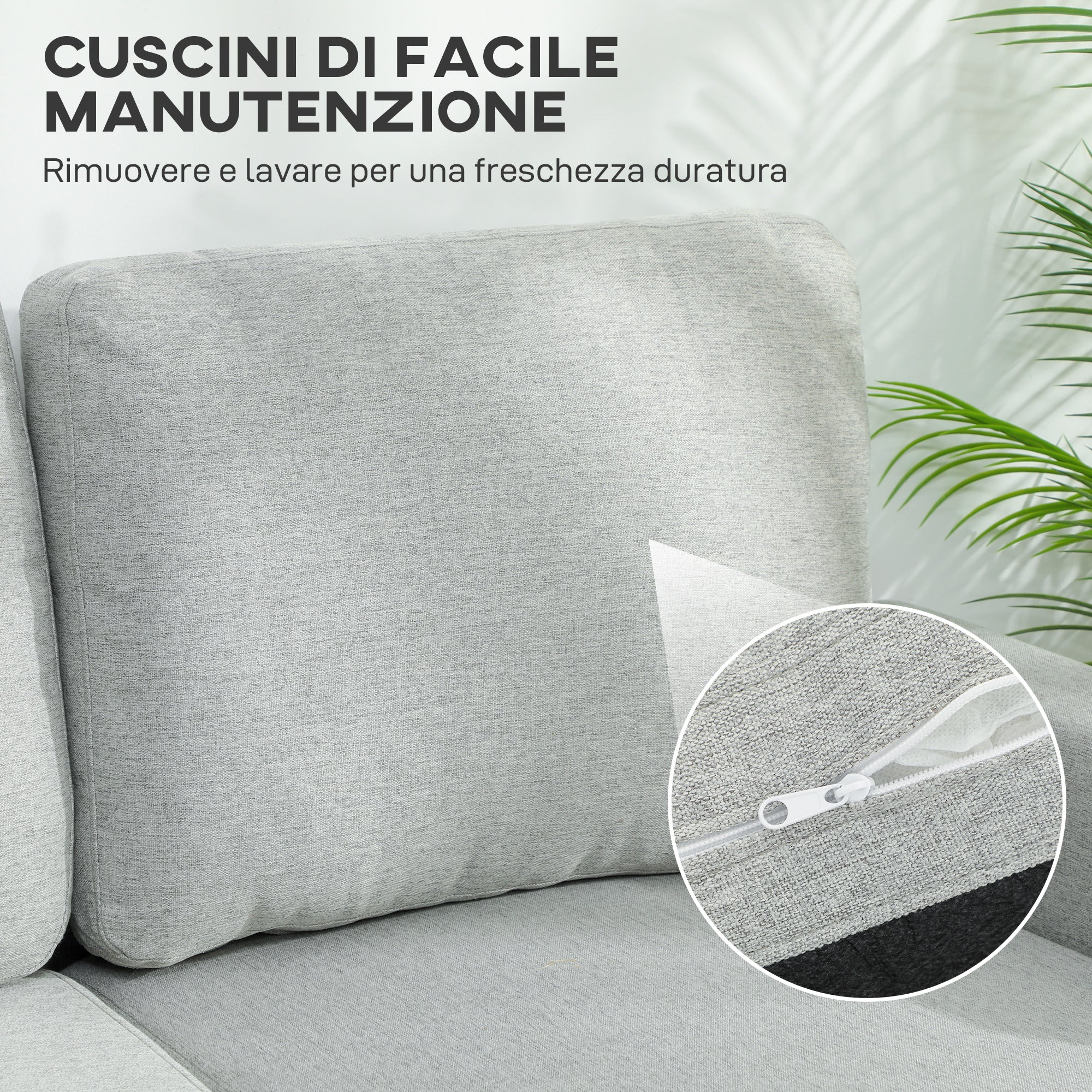 Divano Letto 3 Posti 197x129x85 cm con Chaise e Spazio Contenitore in Tessuto Effetto Lino Grigio e Nero