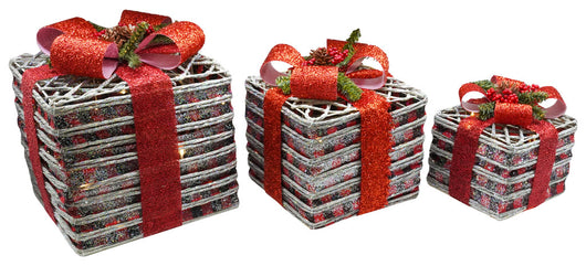 Set 3 Pacchi di Natale con LED in Plastica Rosso Glitterato