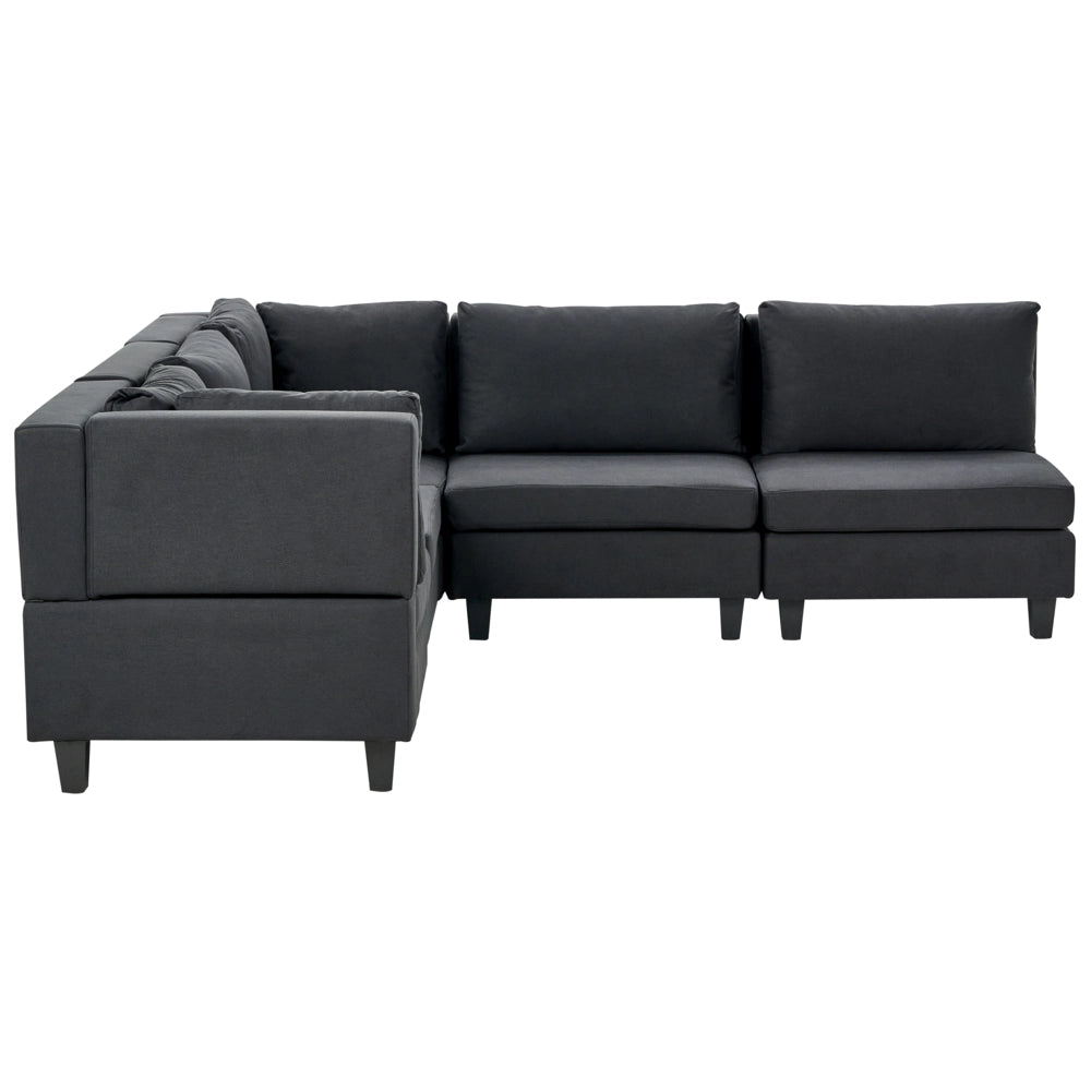 Divano componibile a 5 posti imbottito in tessuto nero gambe nere lato destro stile moderno