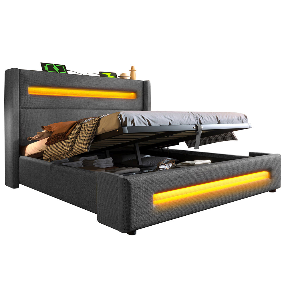 Letto matrimoniale-Xylo-160x200 cm-LED, USB-C, idraulico, metallo, lino, grigio