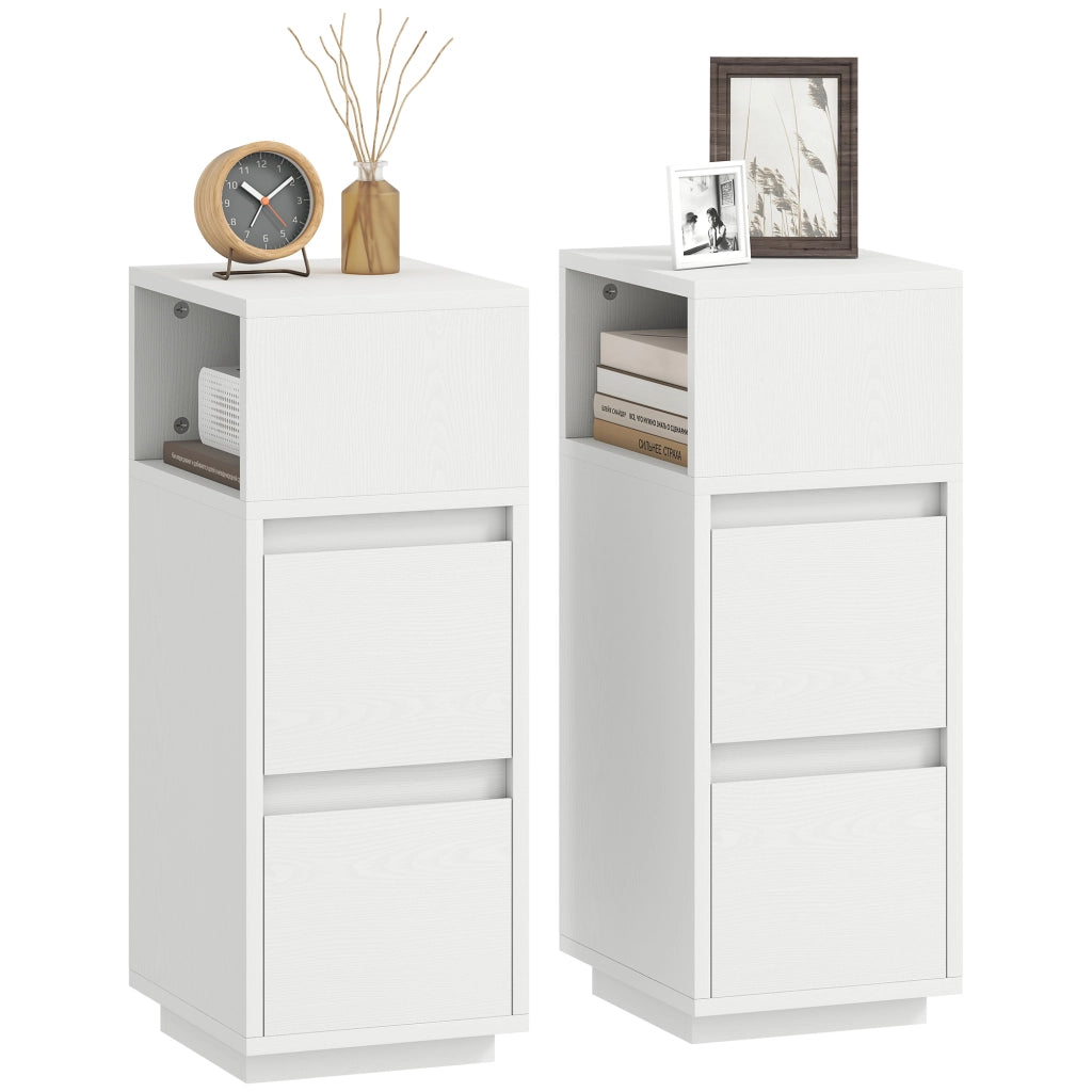 Set di 2 Comodini con 2 Cassetti e Ripiano Aperto Moderni e Salvaspazio, 25x30x65 cm, Bianco