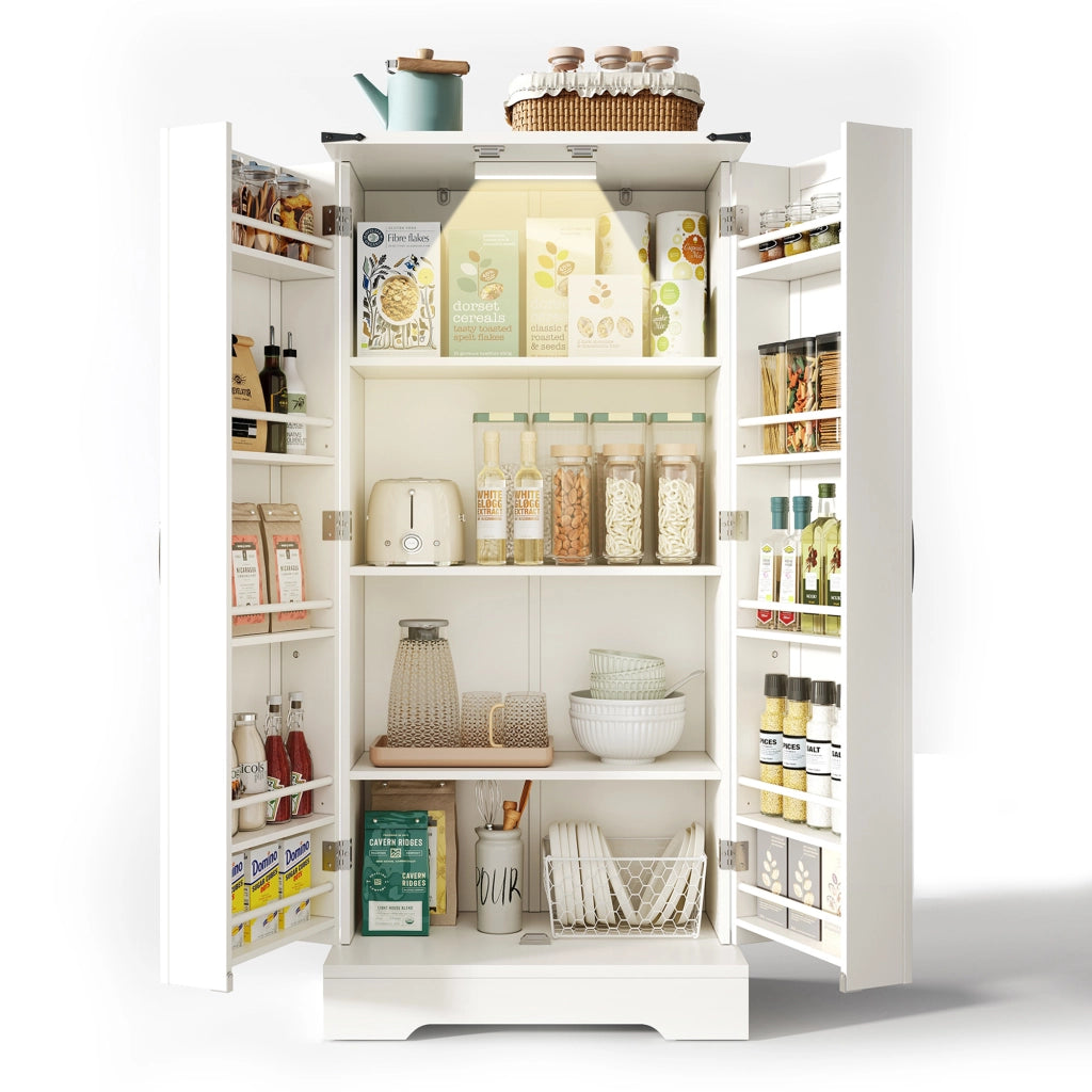 Mobile Dispensa 60x35x128;5 cm Bianco con LED; 2 Ante; Ripiani Regolabili e Portaoggetti Stile Farmhouse