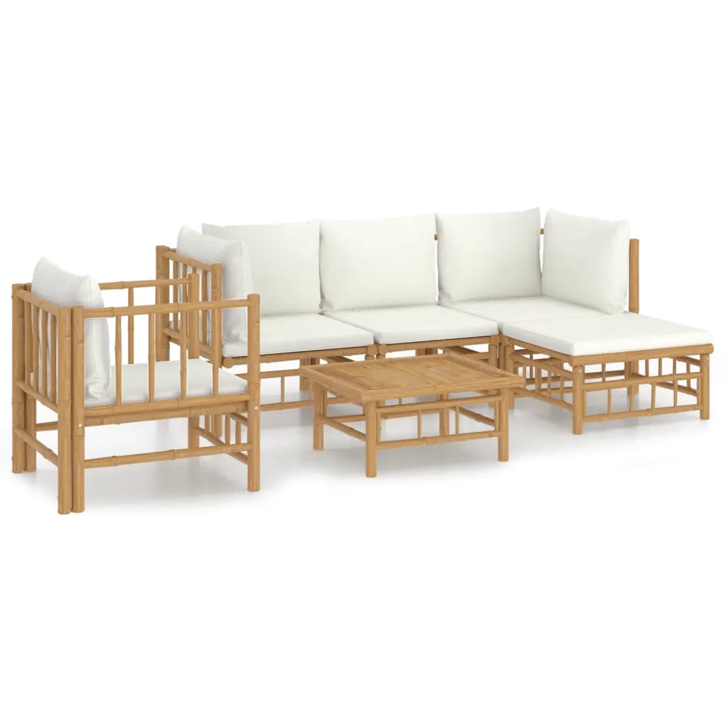 Set Salotto da Giardino 6pz con Cuscini Bianco Crema in Bambù 3155179