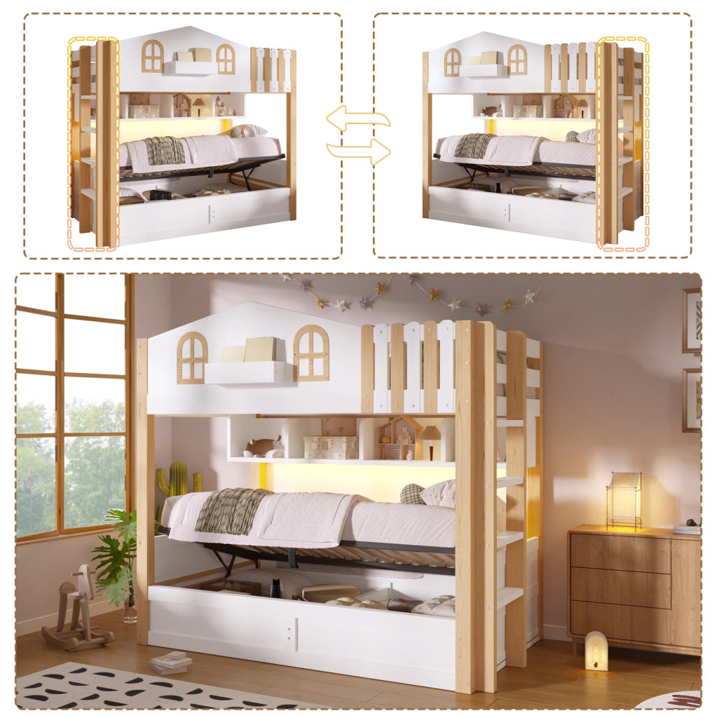 Letto a castello a casetta con contenitore idraulico e LED