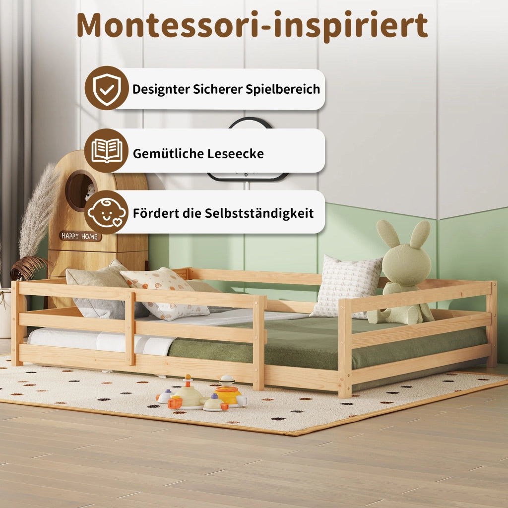 Letto per bambini 140 × 200 cm con barriera a 4 lati, rete inclusa, senza materasso, in legno massiccio, naturale