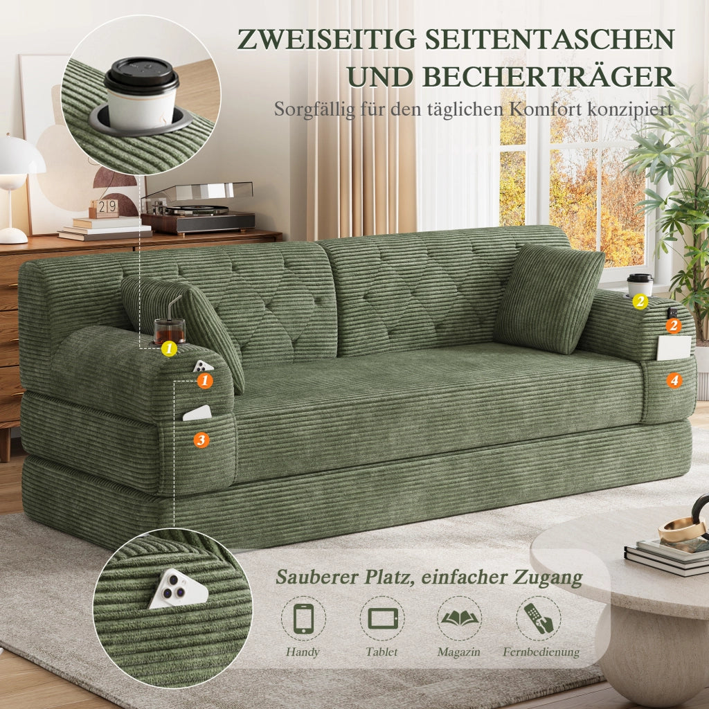 Divano letto a 3 posti in velluto a coste con schienale alto e 4 tasche laterali verde 208 × 80 × 81 cm