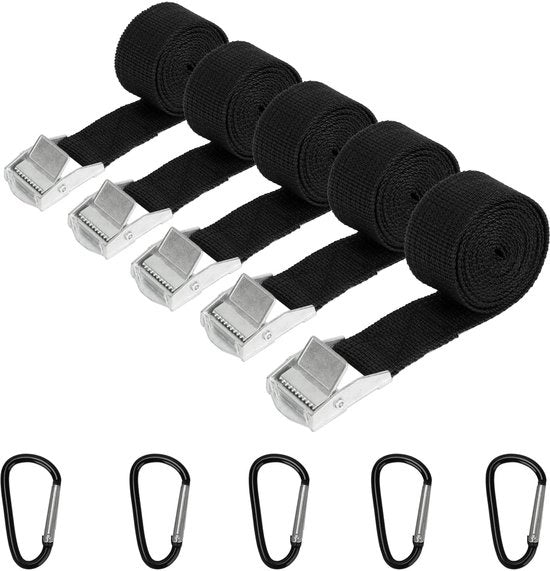 Cinturoni di fissaggio, 5 pezzi 25 mm × 1,5 m, cinturoni di fissaggio veloci neri corti con 5 pezzi di ganci di fissaggio con rilascio regolabile per auto, bicicletta, motocicletta, bagaglio, campeggio