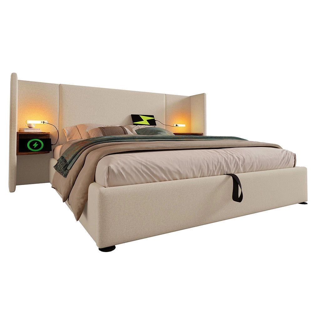 Letto matrimoniale imbottito - Xylo - 160x200 cm - Beige - Con comodini, luce da lettura e USB Type-C