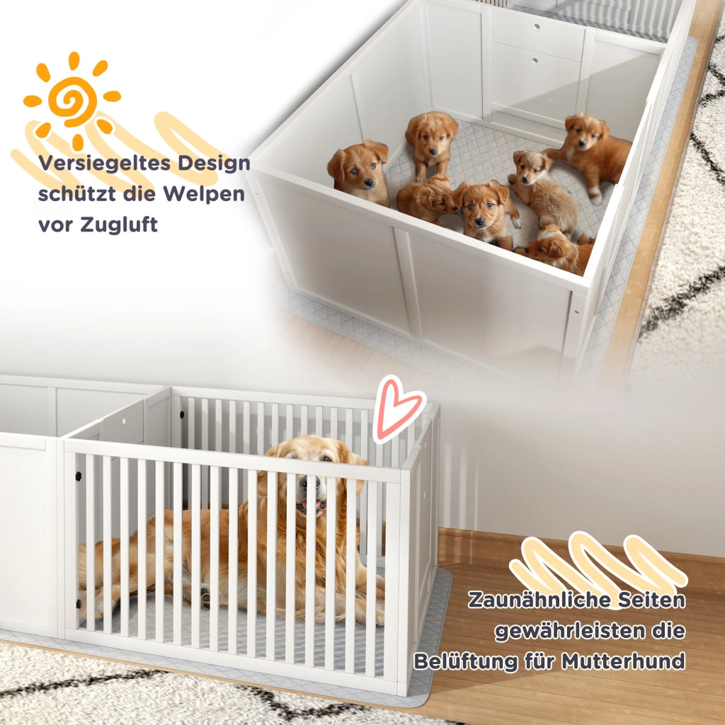 Recinzione decorativa per cuccioli a due spazi con ingresso regolabile in MDF bianco 166 × 80 × 50 cm
