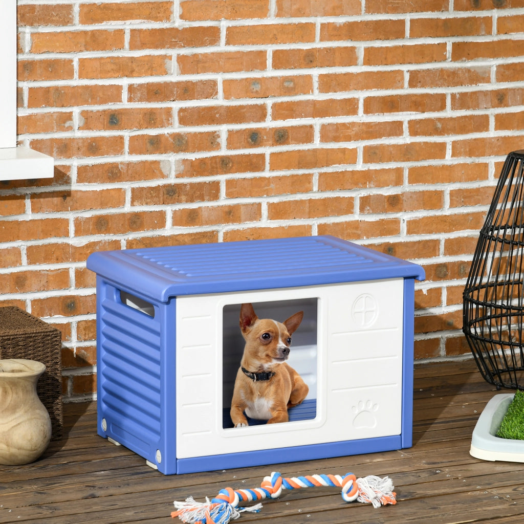Cuccia per Cani Taglia Piccola da Esterno in PE con Ingresso e 2 Prese d'Aria Laterali, 60x42x40 cm, Blu e Bianco