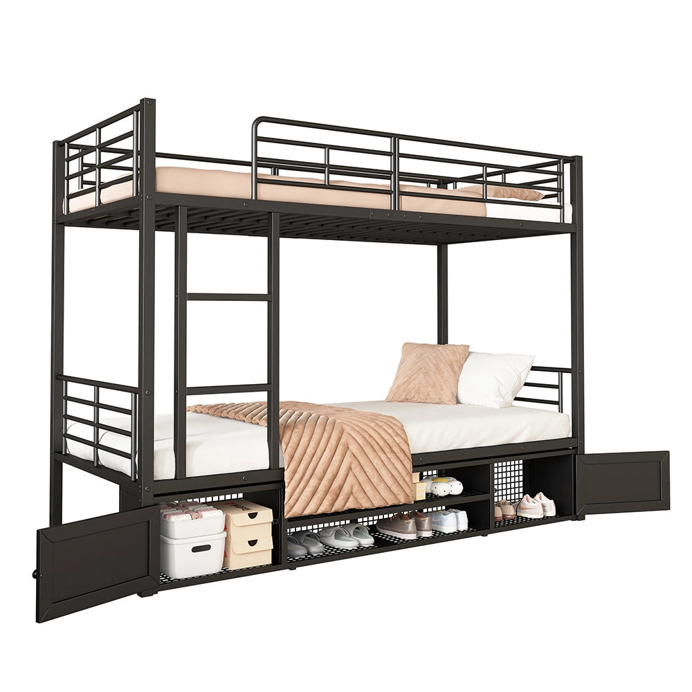 Letto a castello 90x200 - Xylo - Armadio aperto per scarpe, piccolo armadio di archiviazione a due ante, scala laterale con barriera antiscivolo, nero