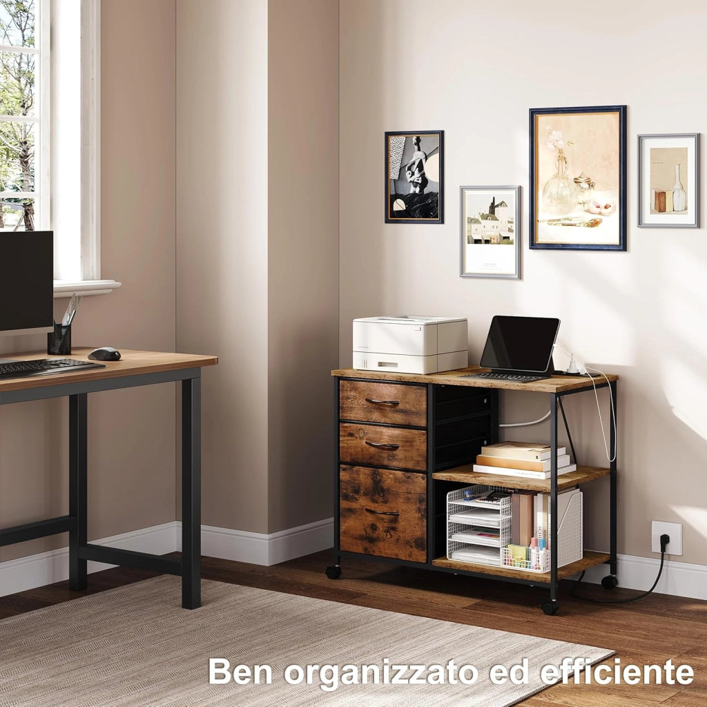 Cassettiera da Ufficio, Armadietto con 3 Cassetti e 2 Ripiani, Schedario da Ufficio con Ruote, Porta Stampante con Sezione di Ricarica, in Legno e Metallo, Marrone vintage, ASK07shm