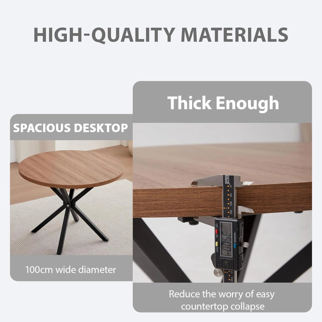 GrandCA HOME Set Tavolo e Sedie da Pranzo, Tavolo Rotondo da 100 cm e 4 Sedie in Velluto Nordico, Adatto a Soggiorno, Sala da Pranzo e Cucina (Venature in Legno Scuro + Verde)