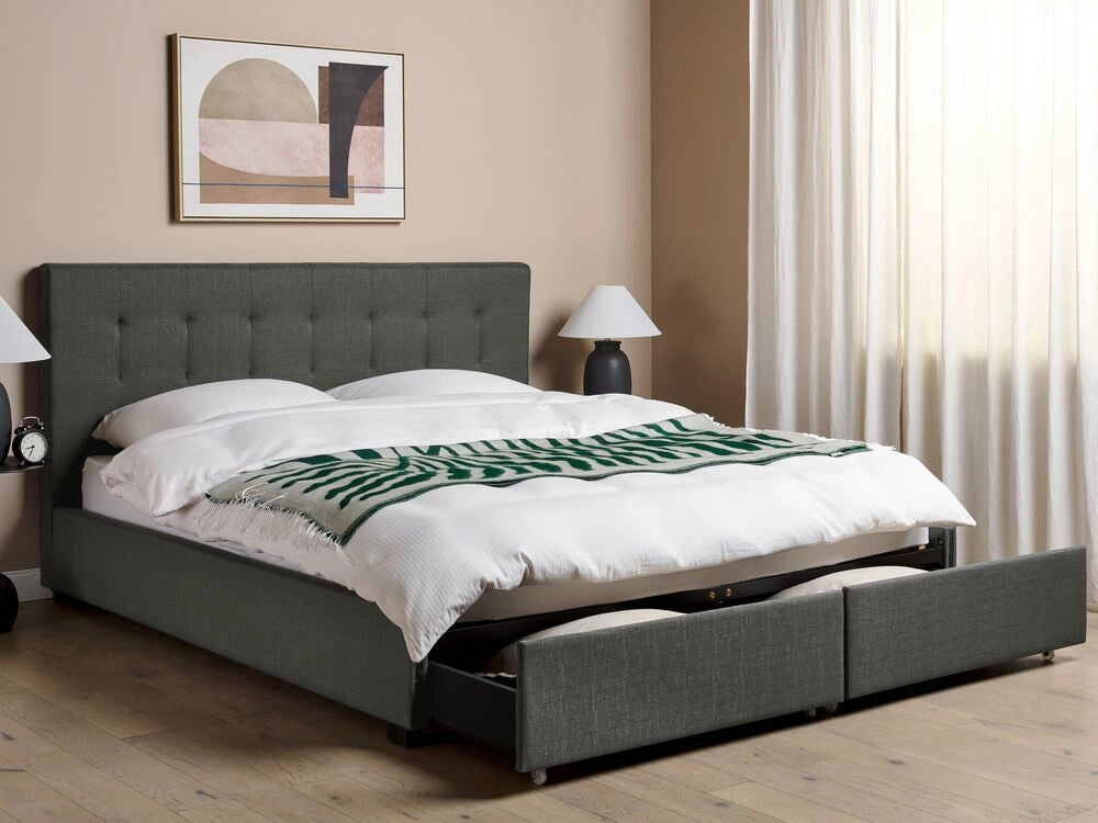 Letto contenitore matrimoniale imbottito grigio scuro con rete a doghe e cassetti 180 x 200 cm