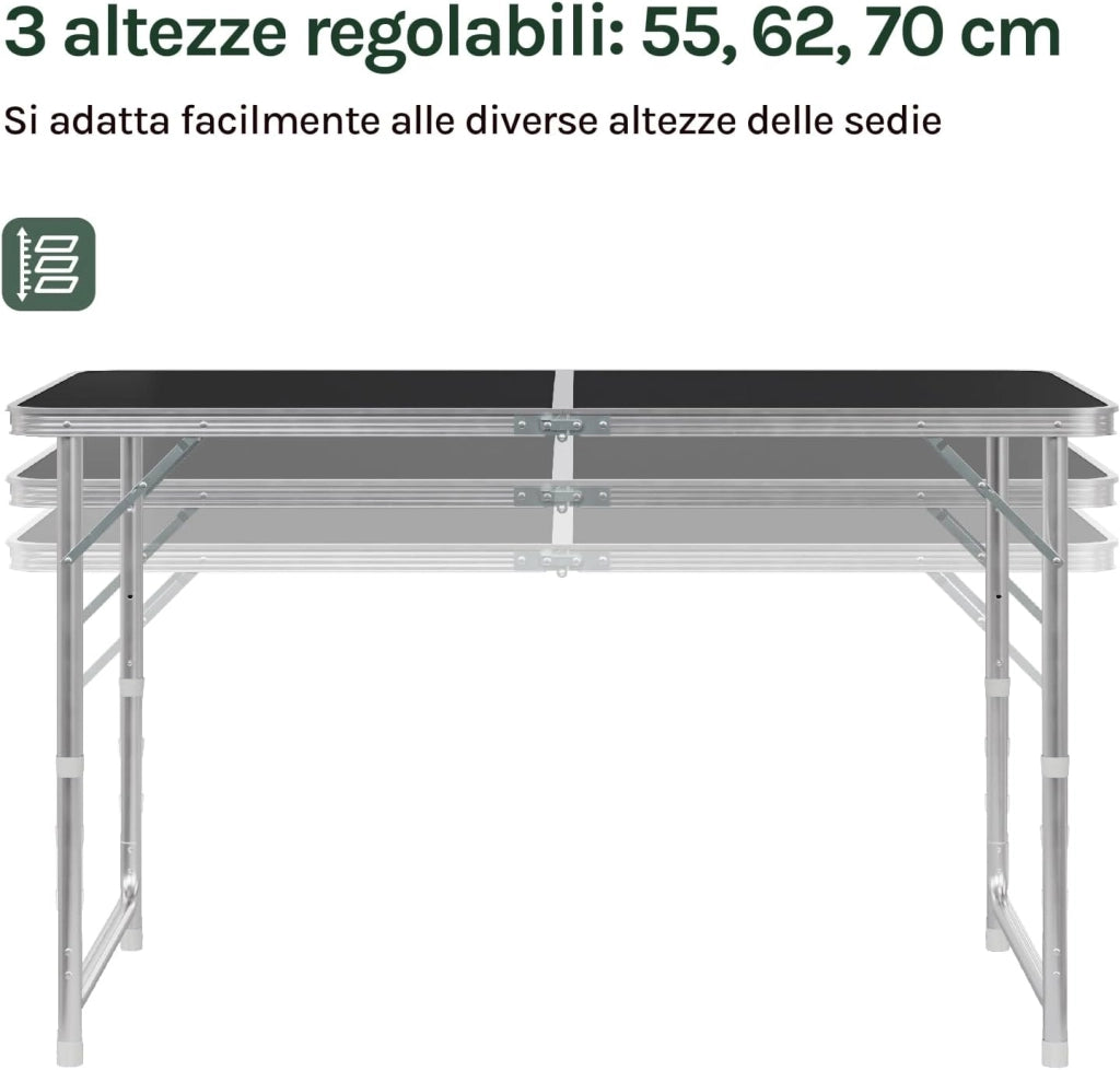 Tavolo da Campeggio Pieghevole Portatile con Maniglia per Picnic Giardino Altezza Regolabile in Alluminio MDF 120x60x55/70cm