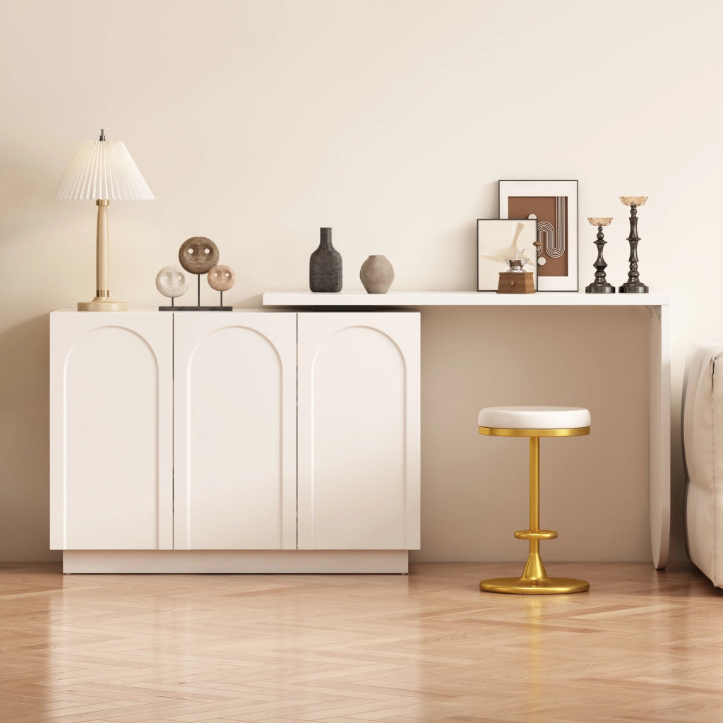 Scrivania angolare con mobile e piano girevole a 360 gradi, 3 vani con ripiani regolabili, in MDF bianco, 110 cm
