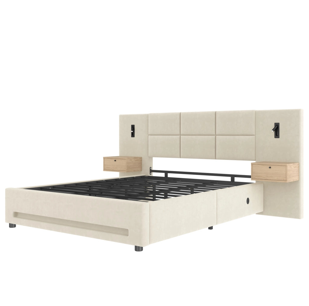 Letto matrimoniale 180x200 cm in velluto beige con LED e USB-C