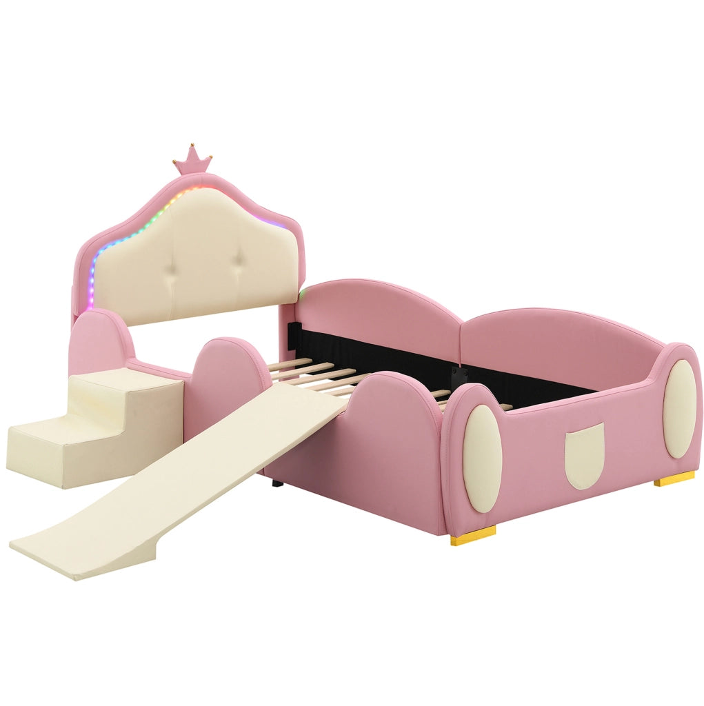 Letto imbottito 90x200 cm con LED; scivolo e scaletta in PU rosa e beige