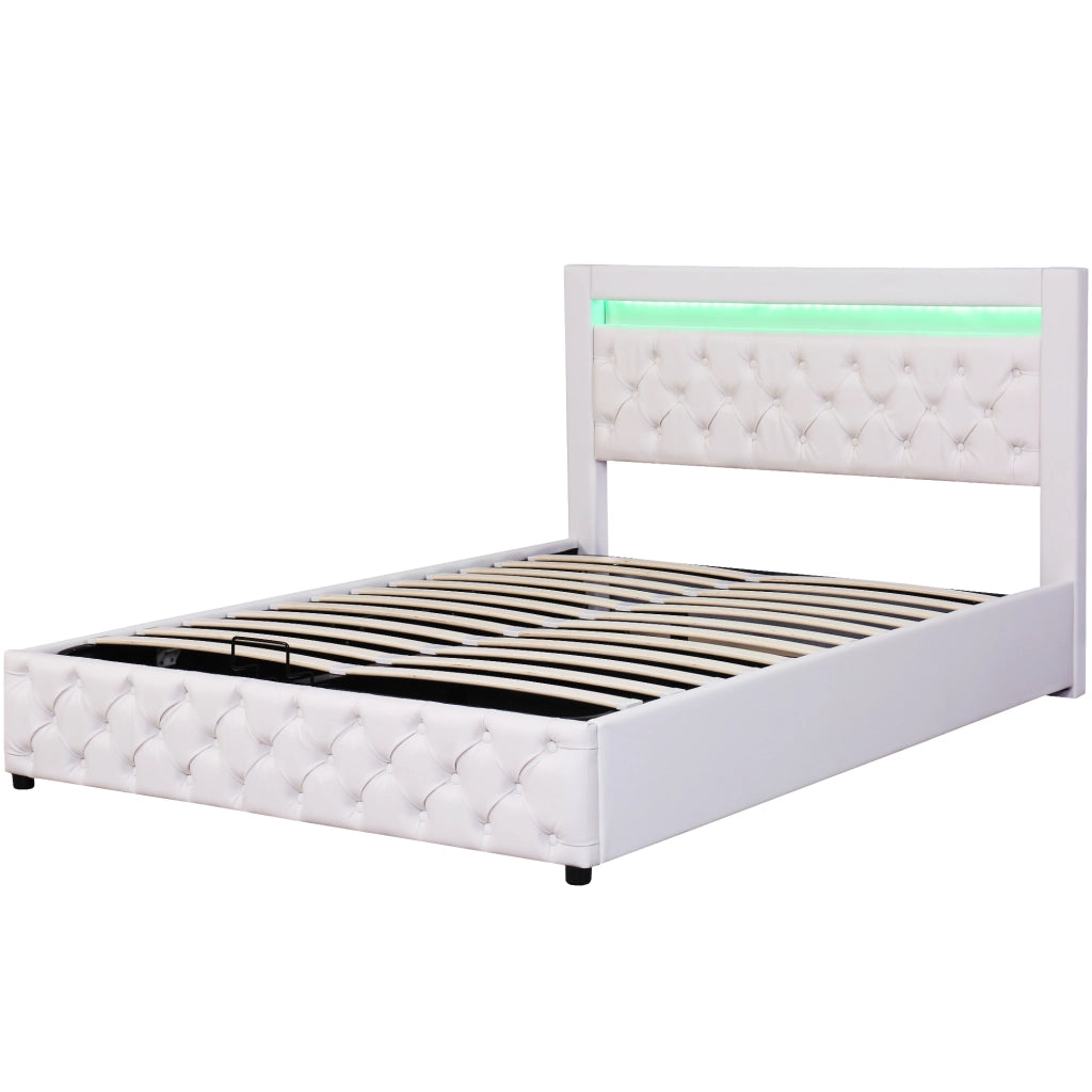 Letto imbottito 140 x 200 cm con rete a doghe, contenitore e illuminazione LED, bianco, PU