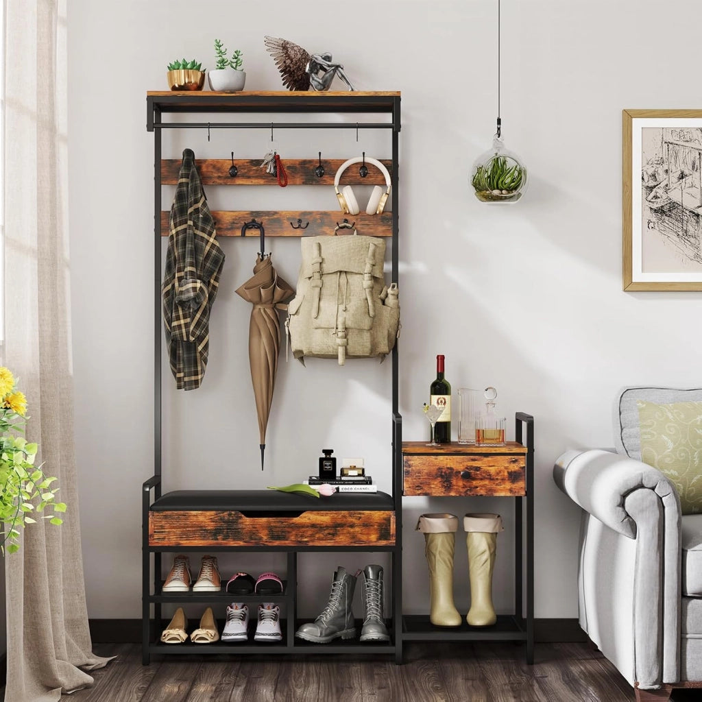 Appendiabiti da Terra 178 cm, Stand Appendiabiti da Ingresso con Scaffale per Scarpe 12 Ganci Cassetti e Panchina, Stendibiancheria per Ingresso Soggiorno Camera da Letto