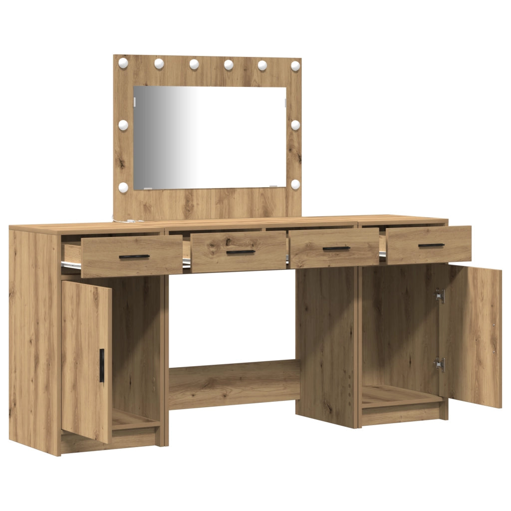 Set di Tavolo da Trucco 3 Pezzi con LED Rovere Artigianale Legno Ingegnerizzato