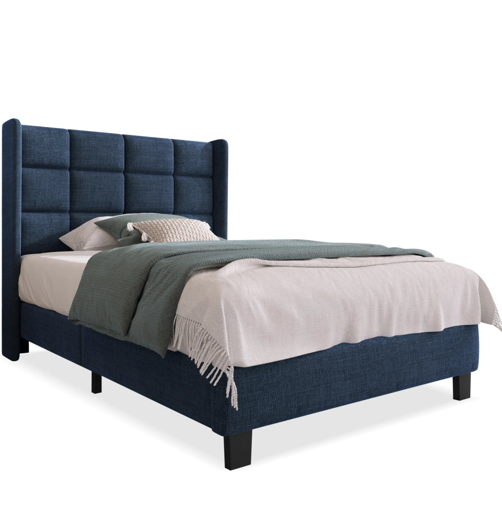 Letto singolo 90x200 cm con testiera imbottita e rete a doghe; lino blu