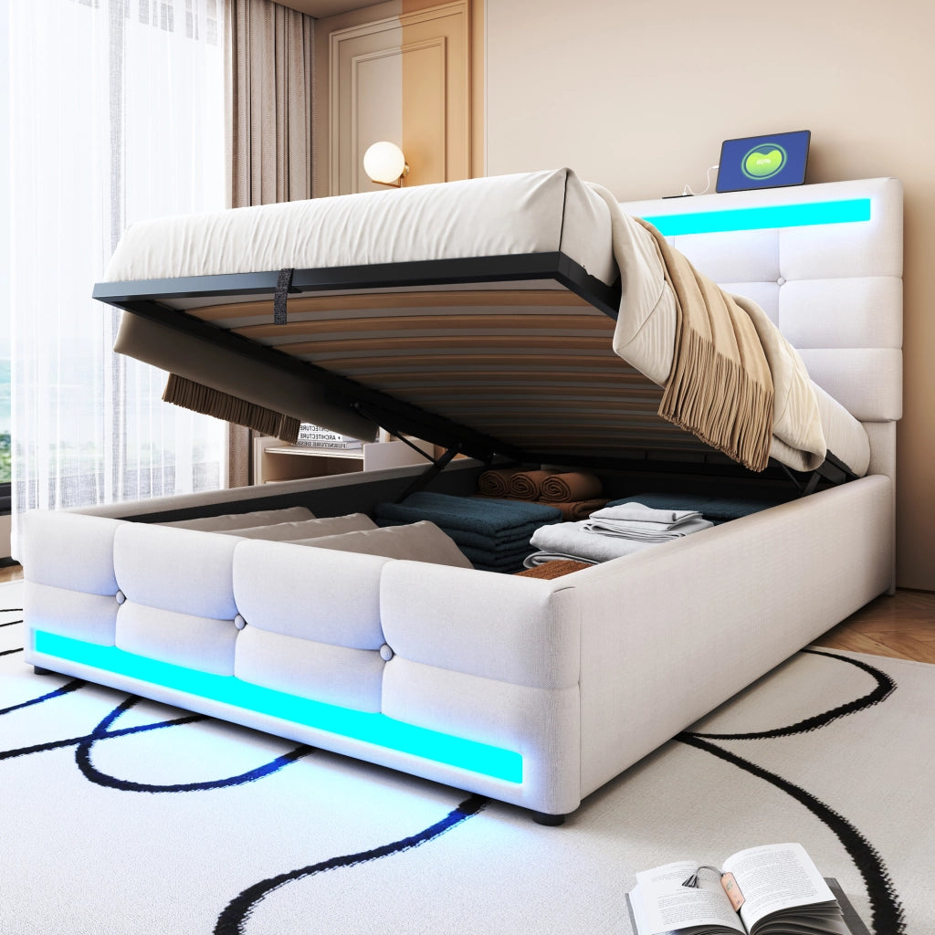 Letto imbottito 90x200 con LED RGB, 2 porte USB, testiera regolabile e struttura contenitore