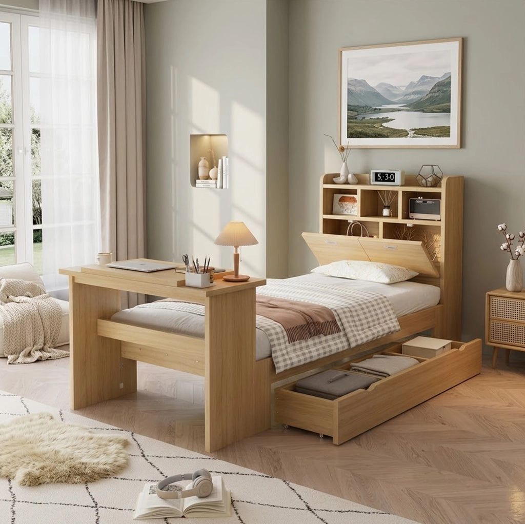Letto singolo multifunzione con contenitore e tavolino pieghevole