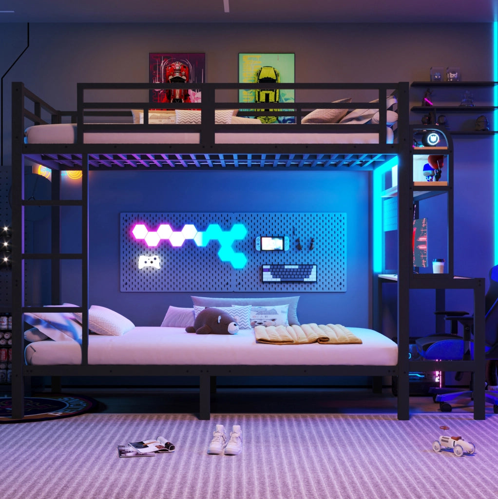Letto a castello 90 x 200 cm con scrivania; ripiani; LED e USB in metallo nero