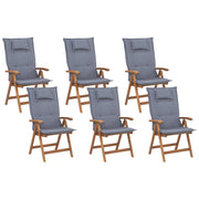 Set di 6 sedie da giardino in legno di acacia chiaro con cuscini blu pieghevole in stile rustico resistente ai raggi UV