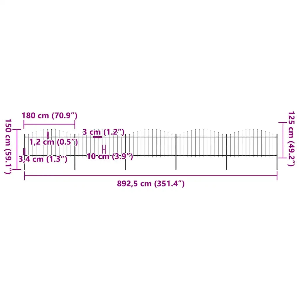 Recinzione da Giardino con Punta a Lancia in Acciaio 892,5x150 cm Nero 277734