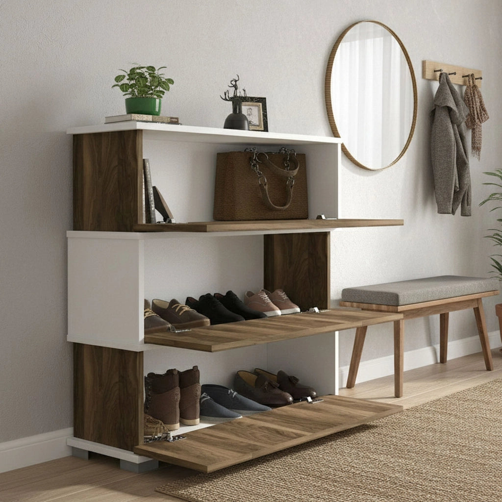 Scarpiera Astrubale, Mobile portascarpe, Armadio da ingresso multiuso, Mobiletto per calzature, 90x30h93 cm, Bianco e Noce