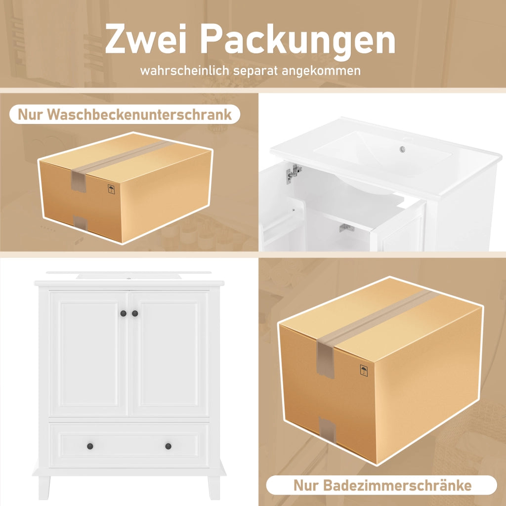 Mobile sottolavabo da bagno con lavabo in ceramica, 2 ante, 1 cassetto e ripiano regolabile, bianco, 76 × 46 × 87 cm