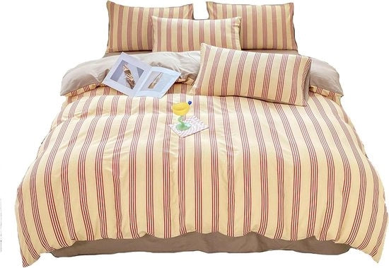 Set di lenzuola a doppia imbottitura in microfibra beige con strisce rosse - copriletto 180x220 cm - lenzuolo 230x230 cm - cuscino 48x74 cm con chiusura a raccordo