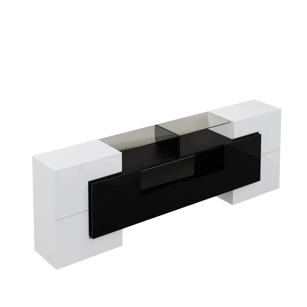 Mobile TV moderno 200x35x60 cm bianco e nero lucido con LED, 6 ante, 2 cassetti e 3 vani