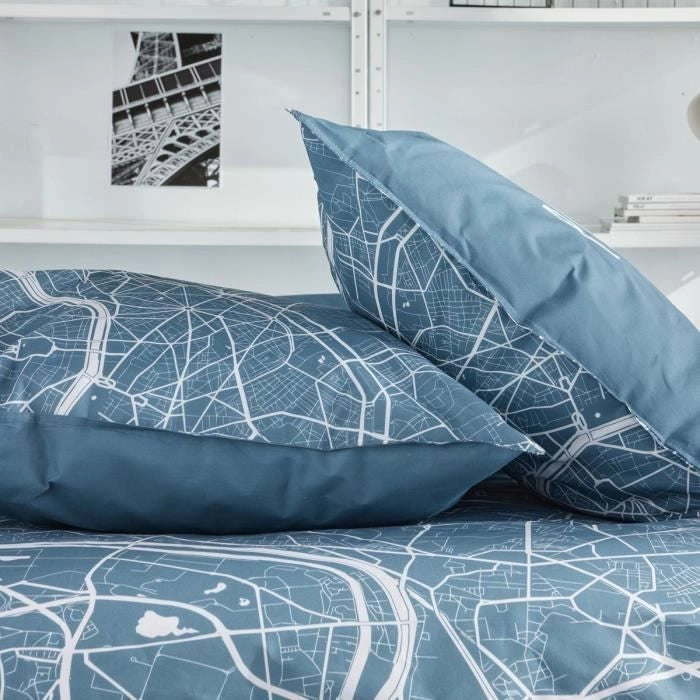 Completo letto - TODAY - JAVA - 2 persone - 240x220 cm - Cotone - Stampa Parigi - Blu