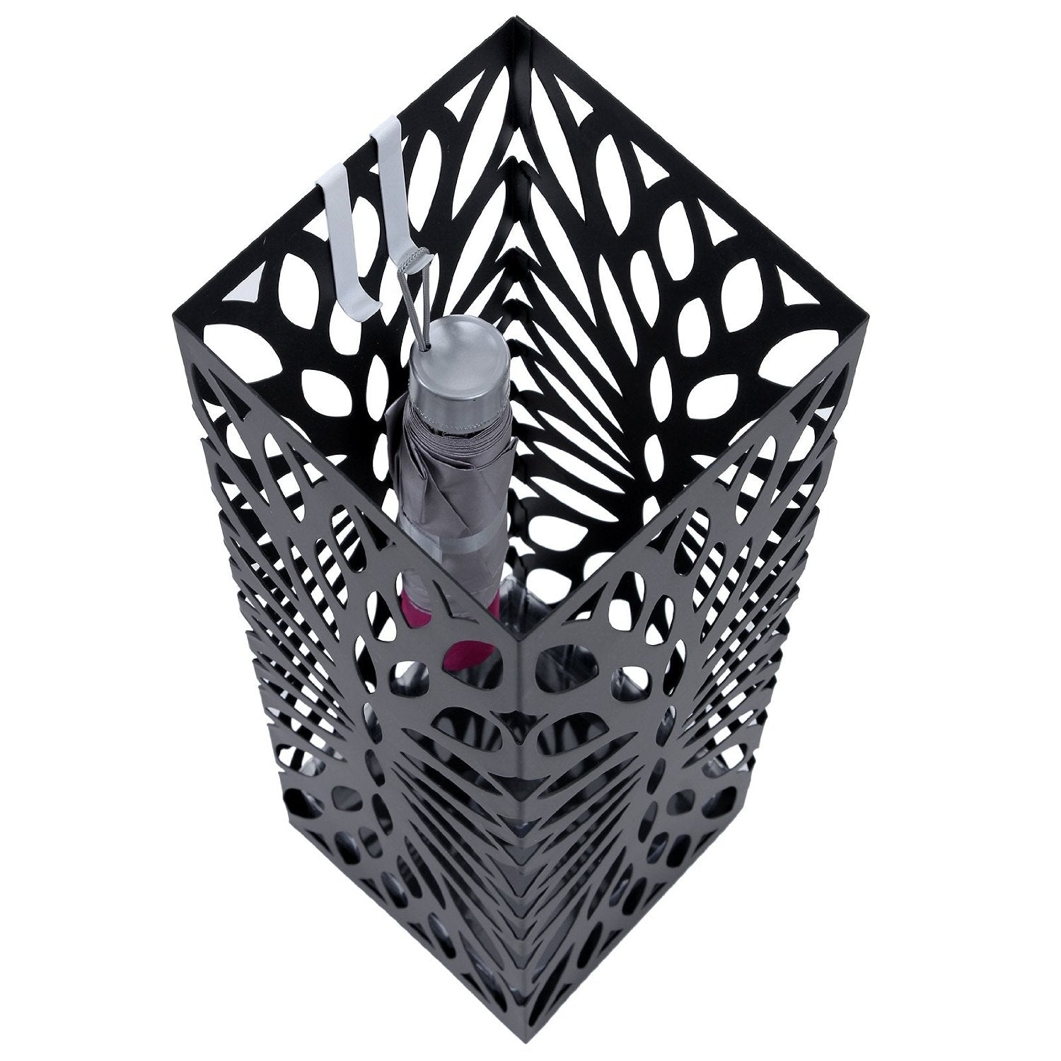 Portaombrelli quadrato in metallo con vassoio e gancio 49 cm nero 3512026