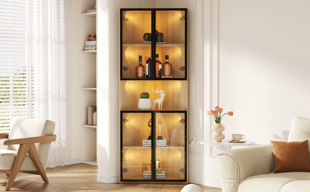 Vetrina angolare con LED, 1 anta e ripiani in MDF effetto rovere, per soggiorno e ufficio, 62 × 32 × 160 cm