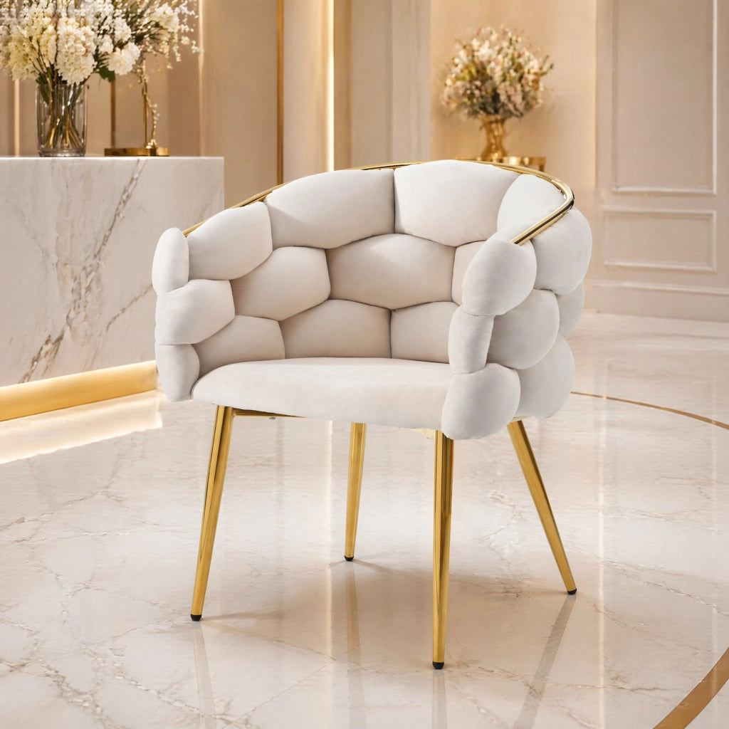 Sedia da pranzo in velluto beige con struttura dorata, seduta imbottita e portata fino a 150 kg