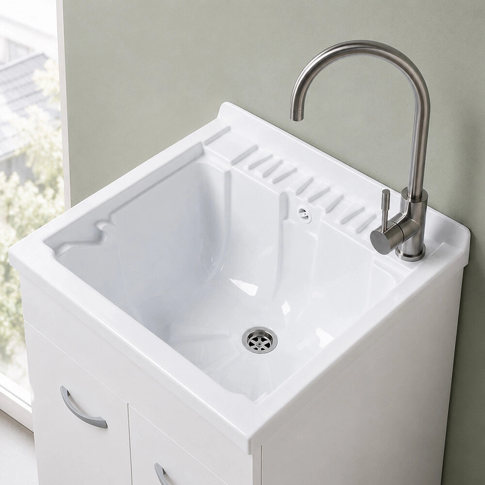 Mobile lavatoio 60x40 cm bianco opaco con due ante e vasca incluso di asse di lavaggio e kit di scarico Medea