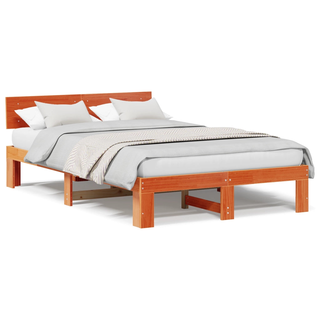 Struttura letto con testiera marrone cerata 135x190 cm in legno massello di pino