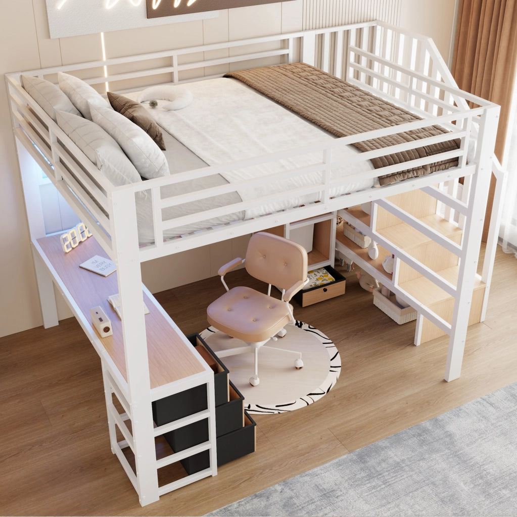 Letto a soppalco 140x200 cm in metallo e MDF bianco con scrivania; LED e contenitore