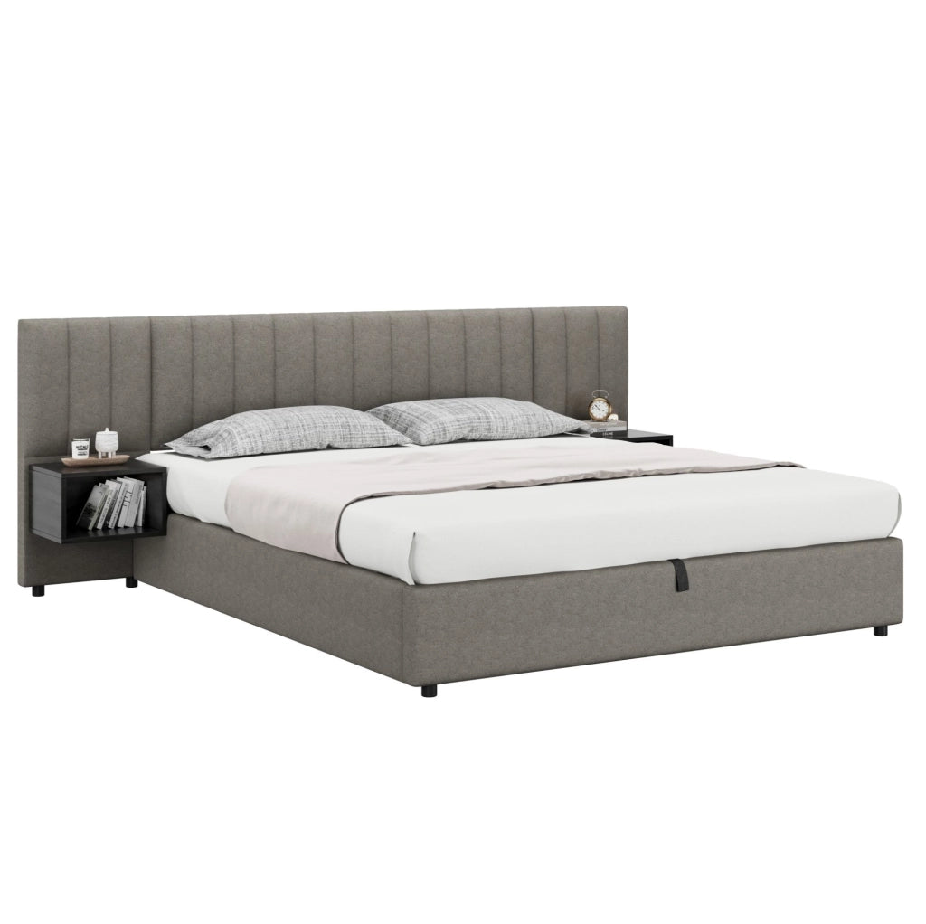 Letto matrimoniale 180x200 cm in lino grigio con contenitore idraulico; 2 comodini neri inclusi