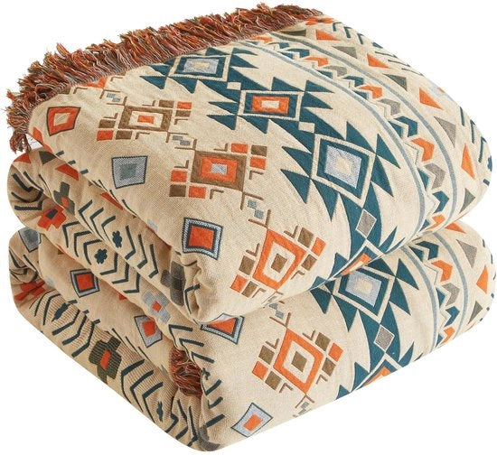 Boho-deken 100% cotone - Grande mousseline sprei a doppia faccia 200x230cm, deken e copriletto accogliente, disegno estetico, ideale per soggiorno e camera da letto, beige/marrone.