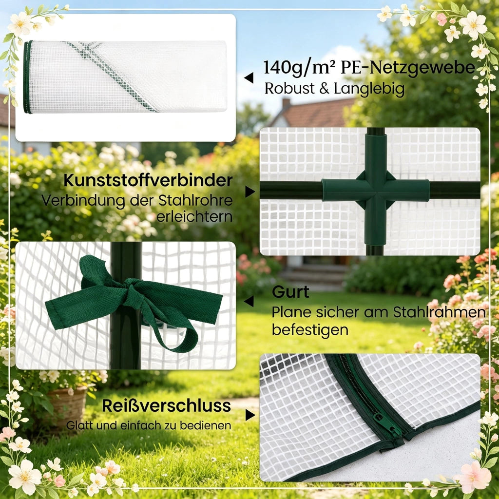 Serra a tunnel addossata con 2 porte avvolgibili e tetto semicircolare in metallo e polietilene bianco 200 × 100 × 210 cm