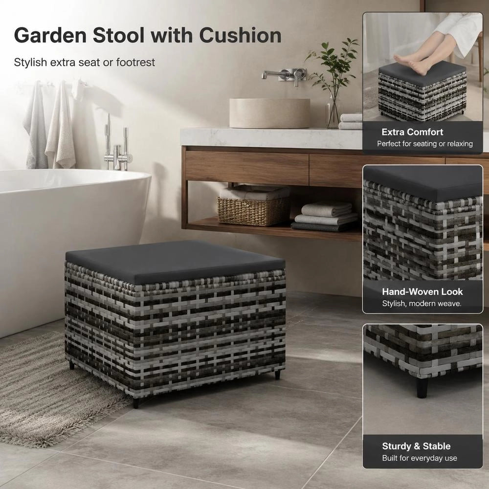Garden Stool With Cushion, Grey Poly Rattan
