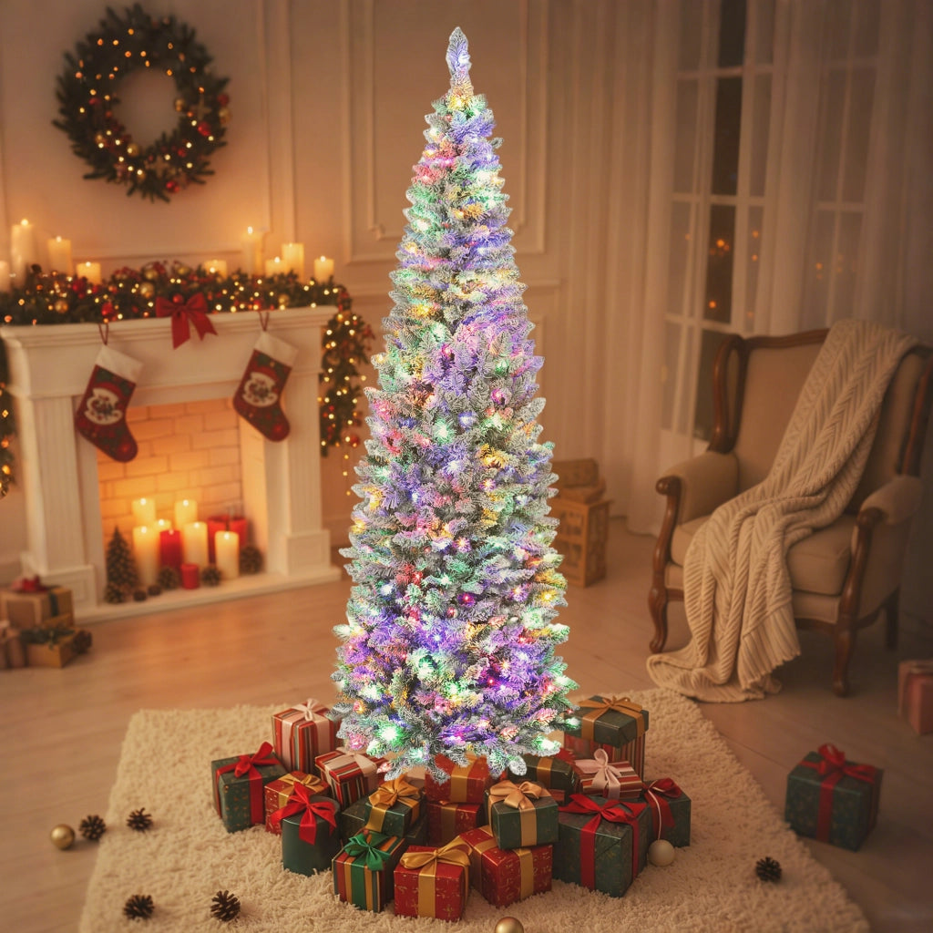 Albero di Natale Stretto 210 cm con Luci LED Bicolori 11 Modi Illuminazione 687 Rami Verde ¨C zephmum ¨C Verde