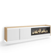 Mobile TV Soggiorno, 212x50x35 cm, Per TV fino a 80", Camino elettrico XXL, Sospeso, da appendere, LED, Bianco e Rovere soft